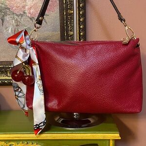 Valentina Cherry Red Pebble Leather Shoulder Bag with Scarf & Charm 11x7x3 EUC